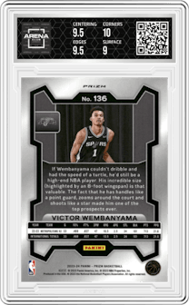 Victor Wembanyama from the 2023-24 Panini Prizm set featuring a Red Ice parallel graded by Arena Club and given an overall grade of 9.5.