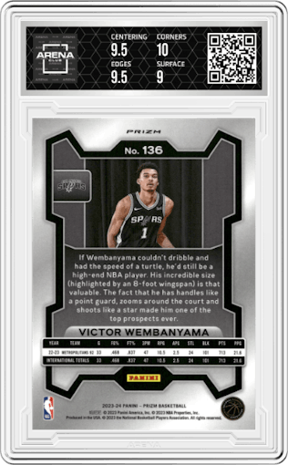 Victor Wembanyama from the 2023-24 Panini Prizm set featuring a Red Ice parallel graded by Arena Club and given an overall grade of 9.5.