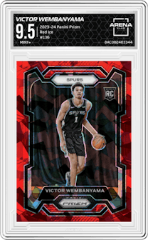 Victor Wembanyama from the 2023-24 Panini Prizm set featuring a Red Ice parallel graded by Arena Club and given an overall grade of 9.5.
