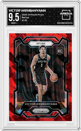 Victor Wembanyama from the 2023-24 Panini Prizm set featuring a Red Ice parallel graded by Arena Club and given an overall grade of 9.5.