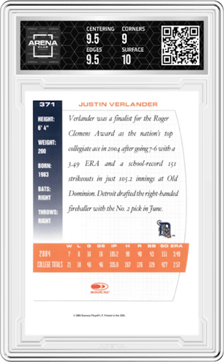 Justin Verlander from the 2005 Donruss Team Heroes set graded by Arena Club and given an overall grade of 9.5.