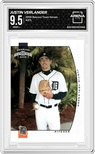 Justin Verlander from the 2005 Donruss Team Heroes set graded by Arena Club and given an overall grade of 9.5.