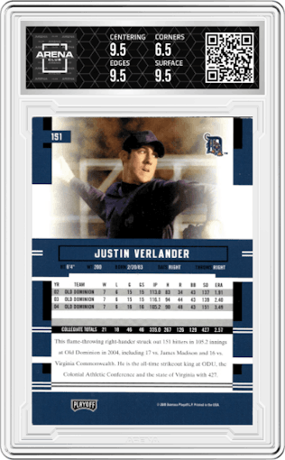 Justin Verlander from the 2005 Playoff Prestige set graded by Arena Club and given an overall grade of 7.
