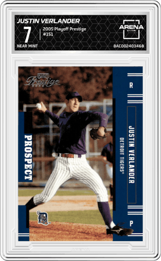 Justin Verlander from the 2005 Playoff Prestige set graded by Arena Club and given an overall grade of 7.