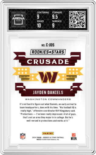 Jayden Daniels from the 2024 Panini Rookies & Stars set featuring a Silver parallel graded by Arena Club and given an overall grade of 9.5.