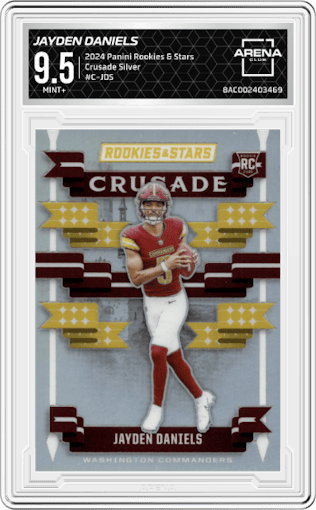 Jayden Daniels from the 2024 Panini Rookies & Stars set featuring a Silver parallel graded by Arena Club and given an overall grade of 9.5.