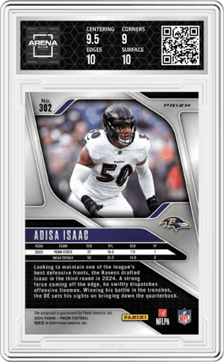 Adisa Isaac from the 2024 Panini Prizm set featuring a  Silver  parallel graded by Arena Club and given an overall grade of 9.5.