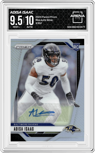 Adisa Isaac from the 2024 Panini Prizm set featuring a  Silver  parallel graded by Arena Club and given an overall grade of 9.5.
