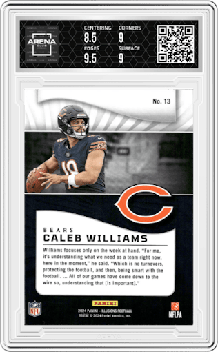 Caleb Williams from the 2024 Panini Illusions set graded by Arena Club and given an overall grade of 9.
