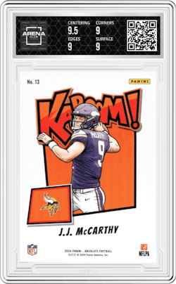 J.J. McCarthy from the 2024 Panini Absolute set and given an overall grade of 9.