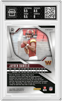 Jayden Daniels from the 2024 Panini Prizm set featuring a Blue Wave Prizm parallel graded by Arena Club and given an overall grade of 8.5.