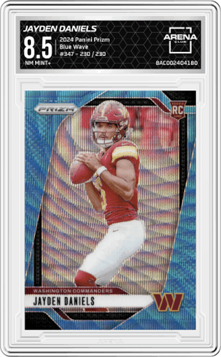 Jayden Daniels from the 2024 Panini Prizm set featuring a Blue Wave Prizm parallel graded by Arena Club and given an overall grade of 8.5.