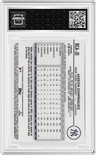 Jasson Dominguez from the 2024 Topps Chrome Logofractor set graded by Arena Club.