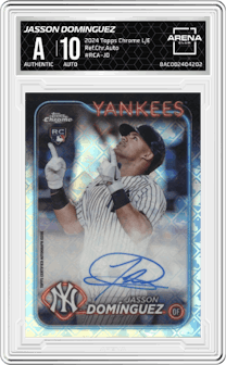 Jasson Dominguez from the 2024 Topps Chrome Logofractor set graded by Arena Club and given an overall grade of 0.