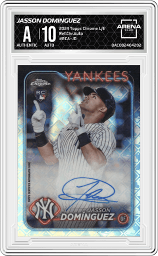 Jasson Dominguez from the 2024 Topps Chrome Logofractor set graded by Arena Club.