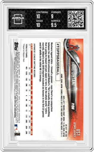 Shohei Ohtani from the 2018 Topps Update set graded by Arena Club and given an overall grade of 9.5.