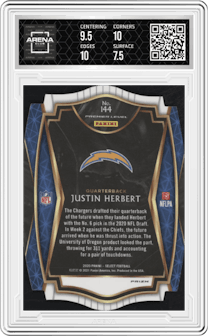 Justin Herbert from the 2020 Panini Select set featuring a Die-Cut White  parallel graded by Arena Club and given an overall grade of 8.