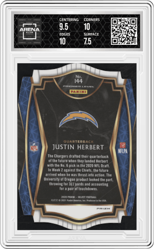 Justin Herbert from the 2020 Panini Select set featuring a Die-Cut White  parallel graded by Arena Club and given an overall grade of 8.