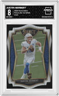 Justin Herbert from the 2020 Panini Select set featuring a Die-Cut White  parallel graded by Arena Club and given an overall grade of 8.