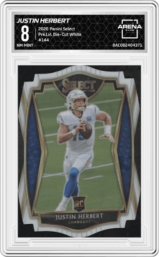 Justin Herbert from the 2020 Panini Select set featuring a Die-Cut White  parallel graded by Arena Club and given an overall grade of 8.