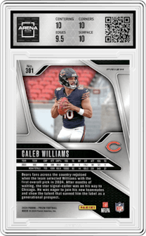 Caleb Williams from the 2024 Panini Prizm set featuring a Green Wave parallel graded by Arena Club and given an overall grade of 10.