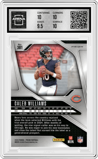 Caleb Williams from the 2024 Panini Prizm set featuring a Green Wave parallel graded by Arena Club and given an overall grade of 10.