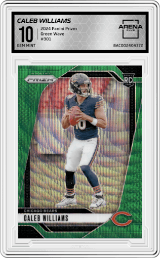 Caleb Williams from the 2024 Panini Prizm set featuring a Green Wave parallel graded by Arena Club and given an overall grade of 10.