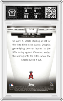 Shohei Ohtani from the 2018 Topps Update set graded by Arena Club and given an overall grade of 9.5.