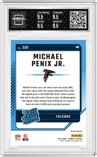 Michael Penix Jr.  from the 2024 Donruss set featuring a Pink parallel graded by Arena Club and given an overall grade of 9.5.