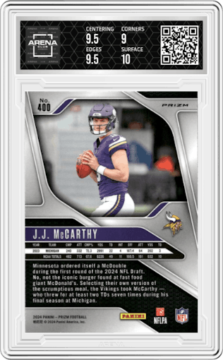 J.J. McCarthy from the 2024 Panini Prizm set featuring a Green Wave parallel graded by Arena Club and given an overall grade of 9.5.