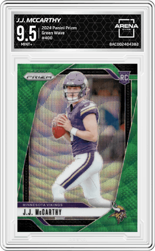 J.J. McCarthy from the 2024 Panini Prizm set featuring a Green Wave parallel graded by Arena Club and given an overall grade of 9.5.