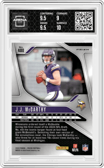 J.J. McCarthy from the 2024 Panini Prizm set featuring a Silver Prizm parallel graded by Arena Club and given an overall grade of 9.5.
