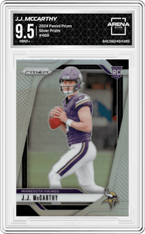 J.J. McCarthy from the 2024 Panini Prizm set featuring a Silver Prizm parallel graded by Arena Club and given an overall grade of 9.5.