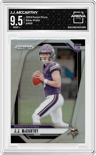 J.J. McCarthy from the 2024 Panini Prizm set featuring a Silver Prizm parallel graded by Arena Club and given an overall grade of 9.5.