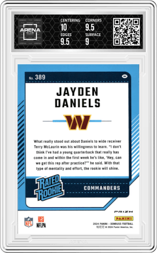 Jayden Daniels from the 2024 Donruss set featuring a Pink parallel graded by Arena Club and given an overall grade of 9.5.
