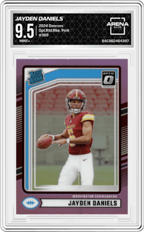 Jayden Daniels from the 2024 Donruss set featuring a Pink parallel graded by Arena Club and given an overall grade of 9.5.