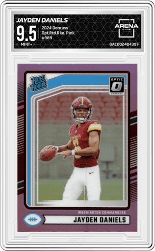 Jayden Daniels from the 2024 Donruss set featuring a Pink parallel graded by Arena Club and given an overall grade of 9.5.