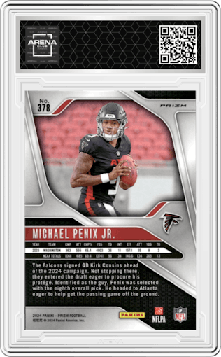 Michael Penix Jr. from the 2024 Panini Prizm set featuring a Red White Blue Prizm parallel graded by Arena Club.