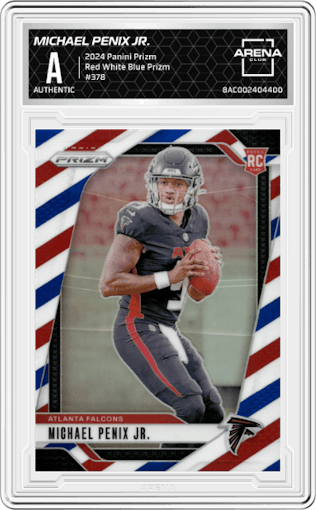 Michael Penix Jr. from the 2024 Panini Prizm set featuring a Red White Blue Prizm parallel graded by Arena Club.