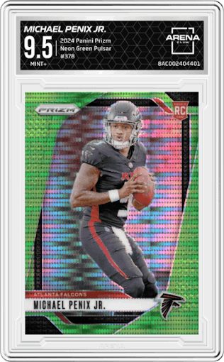 Michael Penix Jr. from the 2024 Panini Prizm set featuring a Neon Green Pulsar  parallel graded by Arena Club and given an overall grade of 9.5.