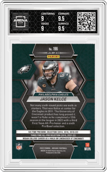 Jason Kelce from the 2023 Panini Mosaic set featuring a Pink Camo parallel graded by Arena Club and given an overall grade of 9.5.