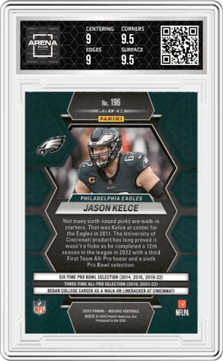 Jason Kelce from the 2023 Panini Mosaic set featuring a Pink Camo parallel graded by Arena Club and given an overall grade of 9.5.