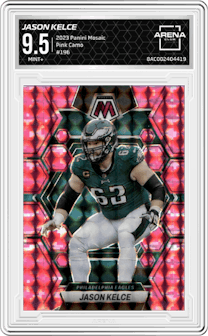 Jason Kelce from the 2023 Panini Mosaic set featuring a Pink Camo parallel graded by Arena Club and given an overall grade of 9.5.