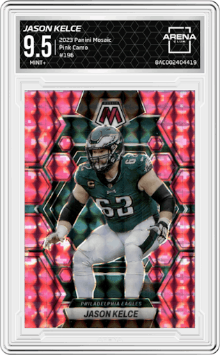 Jason Kelce from the 2023 Panini Mosaic set featuring a Pink Camo parallel graded by Arena Club and given an overall grade of 9.5.