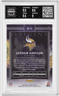 Jordan Addison from the 2023 Panini Origins set featuring a Red parallel graded by Arena Club and given an overall grade of 9.