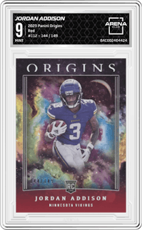Jordan Addison from the 2023 Panini Origins set featuring a Red parallel graded by Arena Club and given an overall grade of 9.