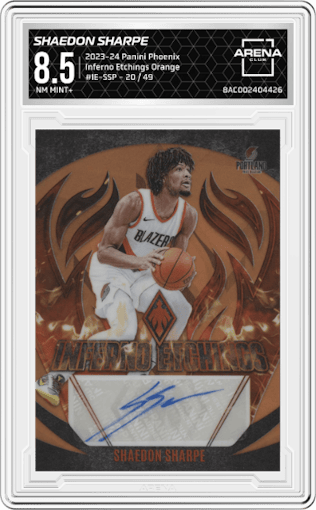 Shaedon Sharpe from the 2023-24 Panini Phoenix set featuring a Orange parallel graded by Arena Club and given an overall grade of 8.5.