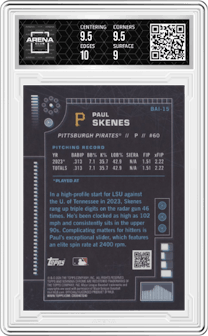 Paul Skenes from the 2024 Bowman set graded by Arena Club and given an overall grade of 9.5.