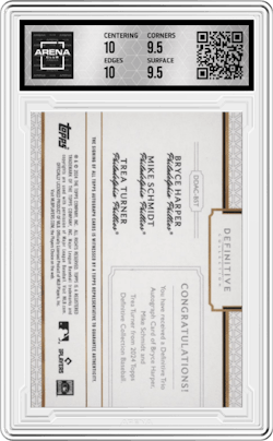 Bryce Harper/Mike Schmidt/Trea Turner from the 2024 Topps Definitive Collection set and given an overall grade of 10.