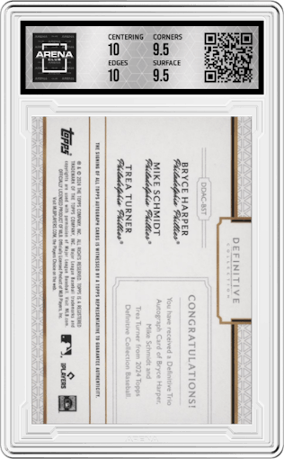 Bryce Harper/Mike Schmidt/Trea Turner from the 2024 Topps Definitive Collection set graded by Arena Club and given an overall grade of 10.